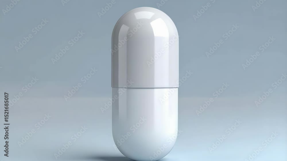 Single white medicine capsule on a pale blue background used for health supplements or pharmaceutical products. Single white medicine capsule on a pale blue background used for health supplements or pharmaceutical products.