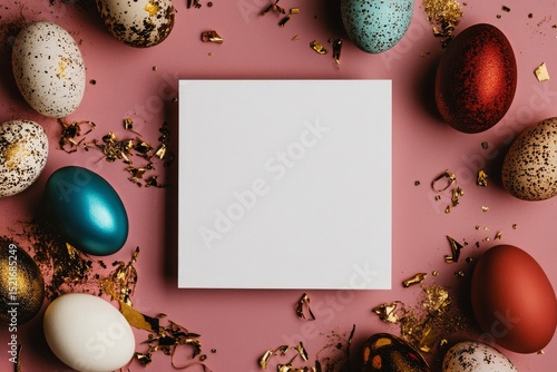 Colorful Easter Eggs Arranged Around a Blank Canvas on a Pink Background With...