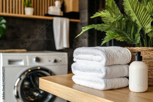 Fresh Towels and Clean Laundry in a Modern Bathroom With Plants and Essentials