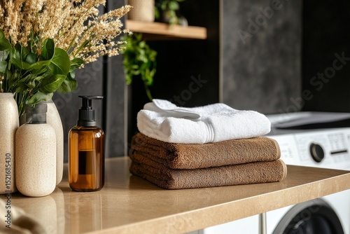 Modern Bathroom Countertop With Towels and Essential Items in a Stylish Home ...