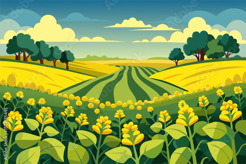 A Sunny Day in the Agricultural Fields Colorful illustration rural landscape with yellow crops and green fields rural landscape agricultural fields farmland crops yellow flowers