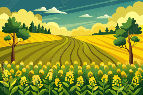 Summertime Farmland Landscape with Crops and Trees vibrant illustration rural landscape plowed fields trees blooming crops under partly cloudy sky farmland landscape illustration rural nature
