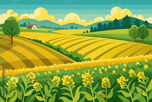 Colorful Rural Landscape with Fields and Flowers vibrant illustration countryside scene rolling hills golden fields border yellow flowers rural landscape countryside fields hills farmland nature