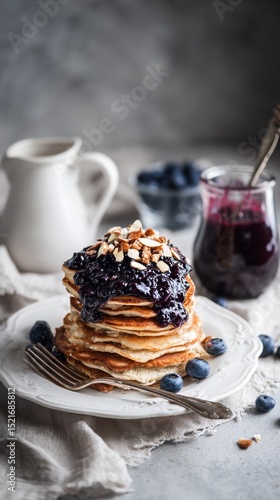 Delicious Stack of Pancakes Topped With Blueberry Jam and Nuts on a Quaint Ta...
