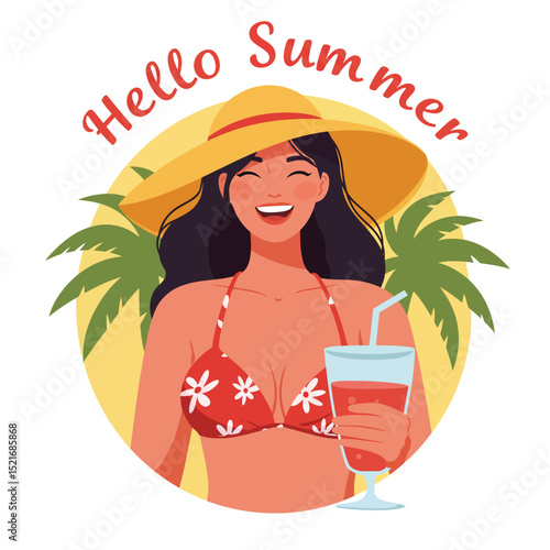 Cheerful woman in summer attire holding a drink surrounded by palm trees