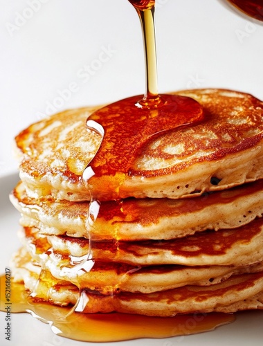 Stack of Fluffy Pancakes With Syrup Dripping in the Morning Light.