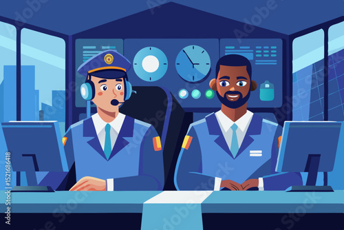 Diverse Air Traffic Controllers in Control Room Two air traffic controllers blue uniforms monitor screens modern control room air traffic controller control room airport aviation