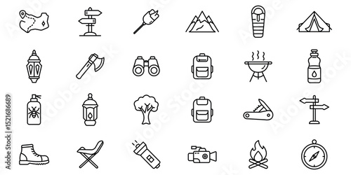 Camping outline or line icon design bundle.