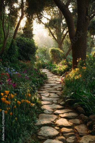 Winding Stone Path Through Vibrant Garden at Golden Hour in a Natural Setting