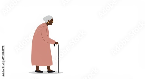Elderly Black woman with cane walking slowly in minimalist style  