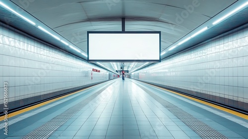 Empty Advertising Billboard in Modern Subway Station Featuring Commuters and Transit Flow