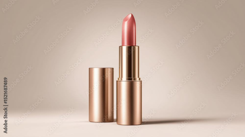 Elegant nude lipstick in a sleek gold tube showcasing a creamy pink shade on a subtle background Elegant nude lipstick in a sleek gold tube showcasing a creamy pink shade on a subtle background