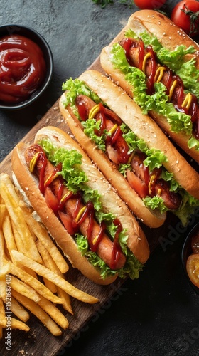 Delicious Hot Dogs Served With Fresh Lettuce, Ketchup, Mustard, and Crispy Fr...