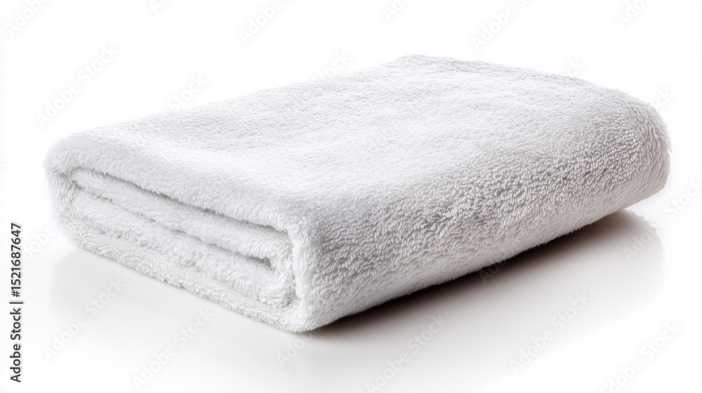 Soft white towel neatly folded on a reflective surface, perfect for bathroom or spa use, providing comfort and warmth Soft white towel neatly folded on a reflective surface, perfect for bathroom or spa use, providing comfort and warmth