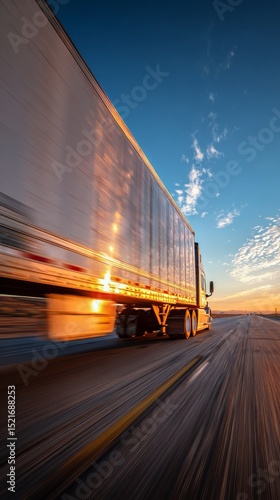 Long Haul Truck Driving Along a Highway at Sunset With Reflections on the Tra...