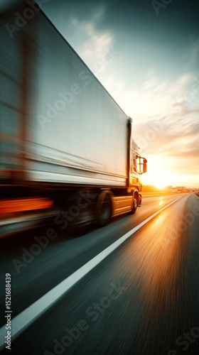 Truck Traveling on Highway at Sunset With Blurred Motion Effect and Vibrant Sky.