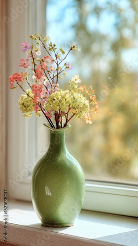 Colorful Dried Flowers in Green Vase Beside Bright Window During Daytime
