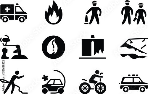 Twelve emergency and disaster icons depicting ambulance fire flood and other crisis situations shown in black