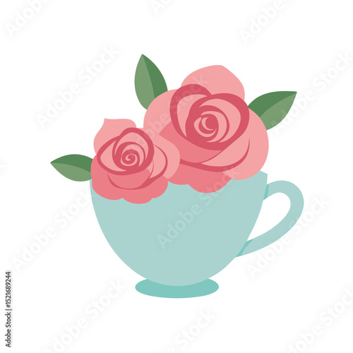 Pink Roses in Vintage Teacup Illustration