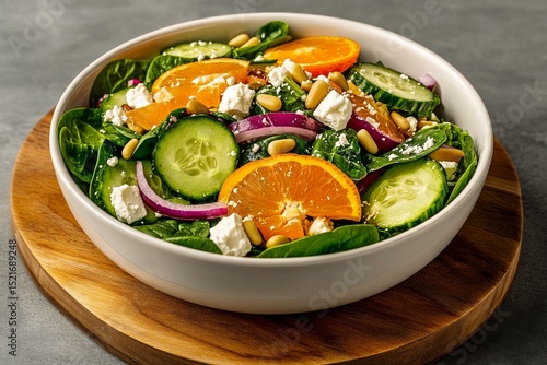 Colorful Spinach Salad With Cucumbers, Oranges, and Pine Nuts Served on a Woo...