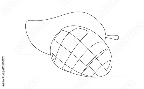 Continuous line drawing of fresh mango fruit tropical summer juicy food dessert. Editable stroke sketch art vector illustration