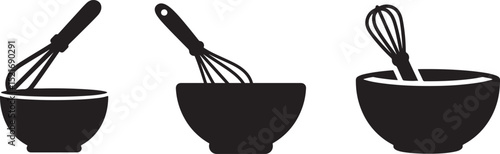 This is a clean, minimalist icon of a mixing bowl and whisk, perfect for representing cooking, baking, or food preparation.