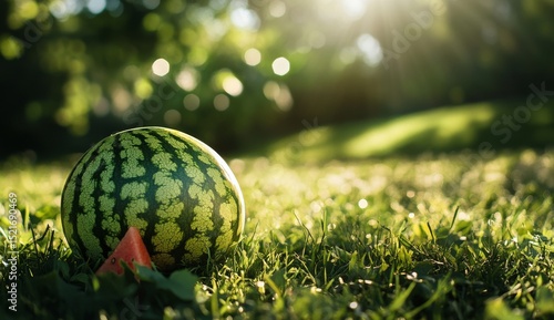 Watermelon Resting on Grass Under Soft Sunlight in a Garden During Early Afte...