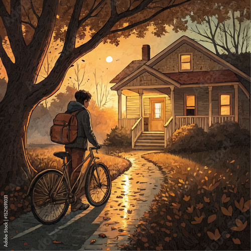 Teenager Peacefully Standing With Bicycle On Path To Small House At Sunset