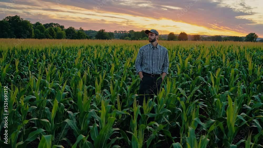 Farmer walks through cornfield at sunset, enjoying the beauty of nature in rural landscape Farmer walks through cornfield at sunset, enjoying the beauty of nature in rural landscape