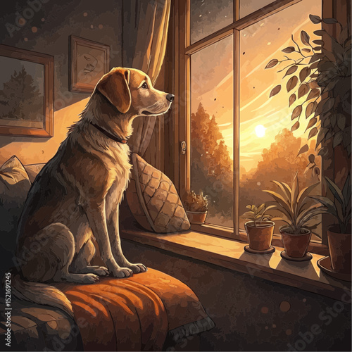  Light Brown Dog Calmly Watching Sunset from Window Seat in Warmly Lit Room