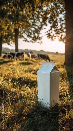 Milk Carton Stands in a Serene Field With Grazing Cows During Early Morning L...