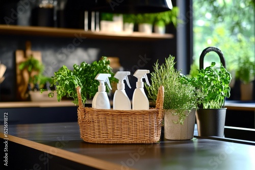 Clean Home Essentials Arranged in a Cozy Kitchen Setting With Natural Light.