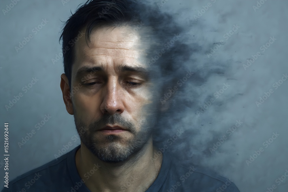 Obraz premium Disintegrating man in profile with smoke-like effect symbolizing identity erosion and quiet emotional collapse