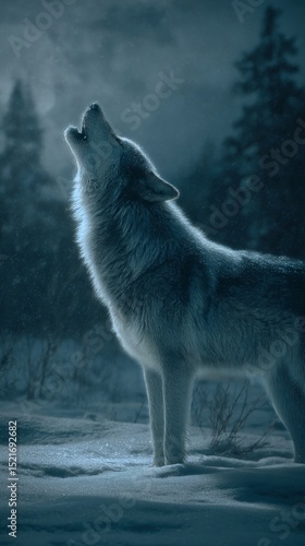 Wolf Howling Under Moonlight in a Snowy Forest at Night
