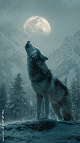 Wolf Howling at Full Moon in Snowy Mountain Landscape During Night Time