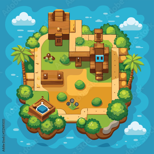 Cartoon Island Top View with Buildings Trees and Blue Water