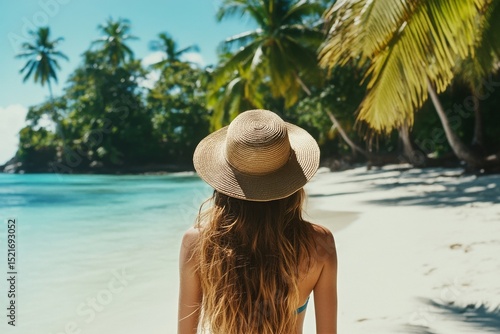 Woman Enjoying a Tropical Beach View Under Palm Trees With a Straw Hat During...