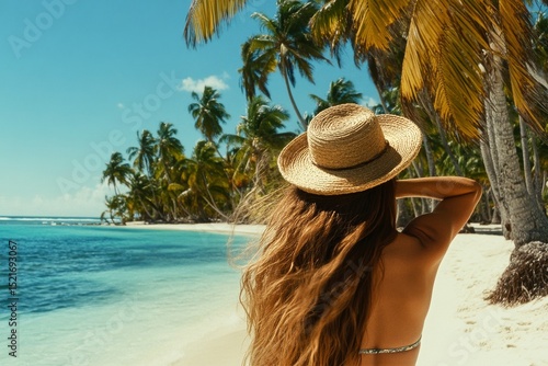 Woman Enjoying a Tropical Beach View Under Palm Trees With a Straw Hat During...