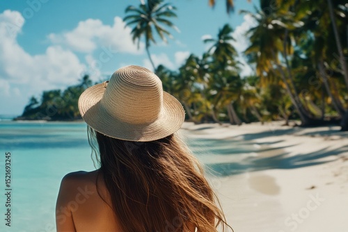 Young Woman Enjoying a Sunny Beach Day Near Clear Turquoise Water With Palm T...