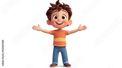 Joyful cartoon boy with open arms, ready for a hug, against white background.