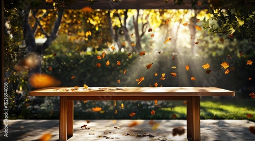 Autumn Leaves Swirl Around Wooden Table in Serene Outdoor Setting During Gold...