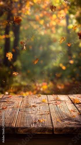 Colorful Autumn Leaves Dancing in the Breeze Over a Rustic Wooden Deck in a T...