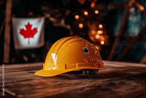 Yellow Hard Hat Resting on a Wooden Table With Canadian Flag in Background Du...