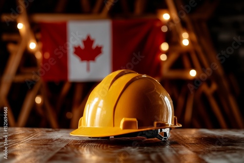 Yellow Hard Hat on Wooden Table With Canada Flag in Background During Evening...
