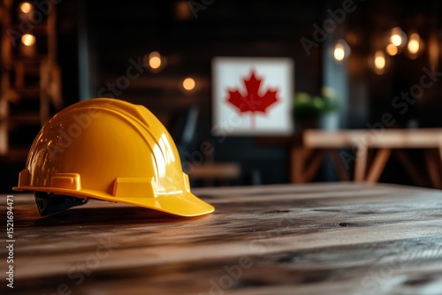 Yellow Hard Hat Resting on a Wooden Table With Canadian Flag in Background Du...