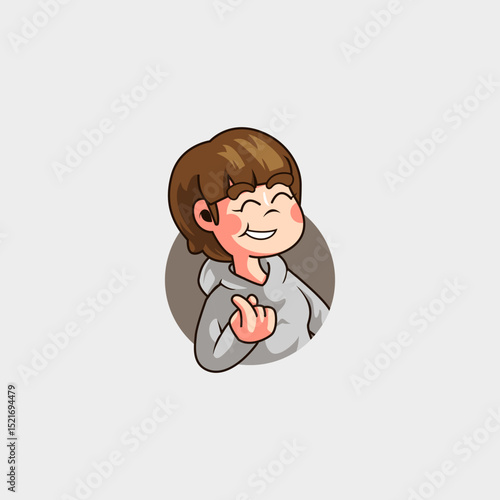 cartoon mascot logo cute beautiful woman with short hair giving love hand sign