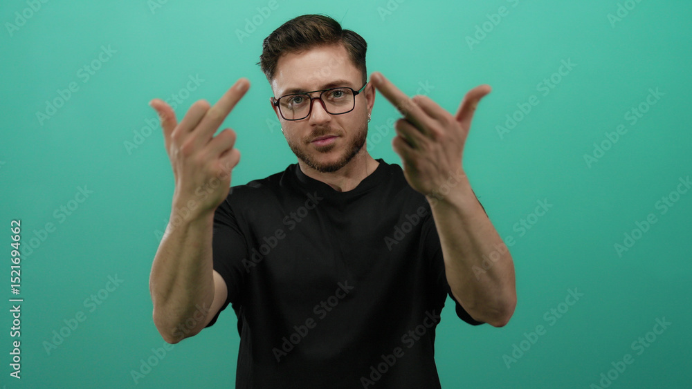 Fototapeta premium Young man with beard makes offensive gesture with middle fingers standing against isolated green background wearing black shirt and glasses