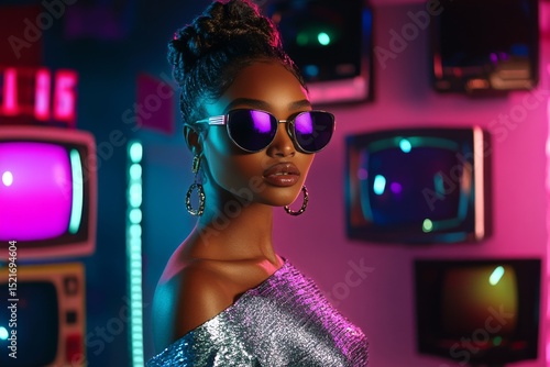 Young Woman With Sunglasses Poses Against Colorful Retro Background in Urban ...