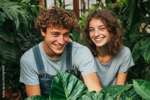 Young Couple Smiling Together in a Lush Greenhouse Filled With Vibrant Green ...