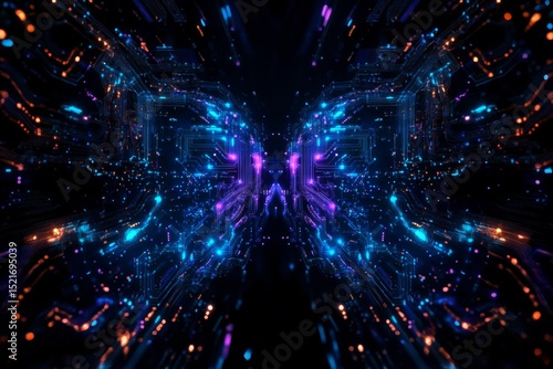 Digital Abstraction of a Colorful Cityscape With Vibrant Light Patterns at Ni...